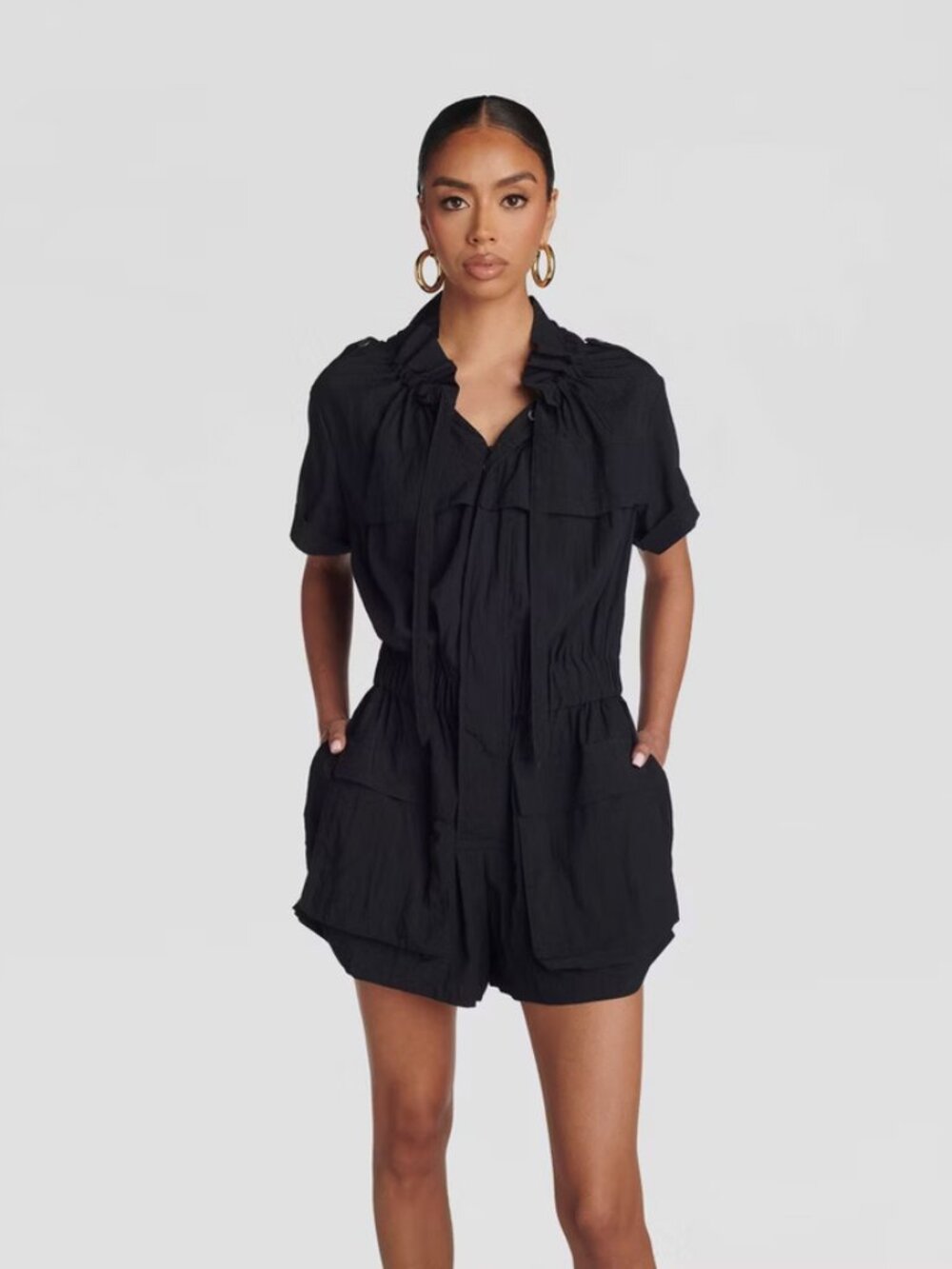 KBB by KAHLANA The Utility Romper Navy Blue Short Sleeve Textured Pocket Medium